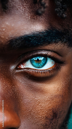 Blue eye photo. Closeup portrait of a black man