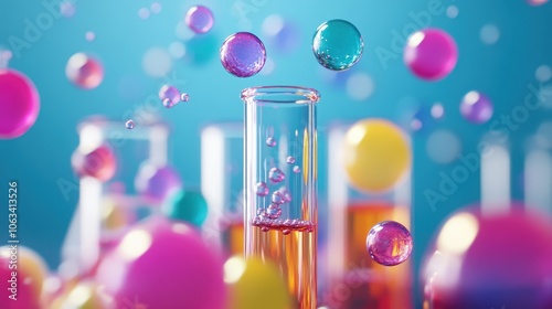 Vibrant image of colorful bubbles floating around test tubes in a laboratory setting, symbolizing creativity and scientific exploration. photo