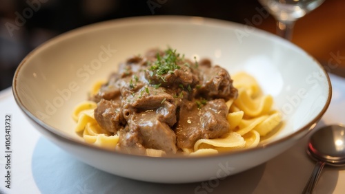 A bowl of pasta with meat on it