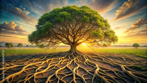 A sprawling network of roots and branches stretching across a vast landscape, forming an interconnected web of life that seems to pulse with energy., nature, biology, landscape, tree of life photo