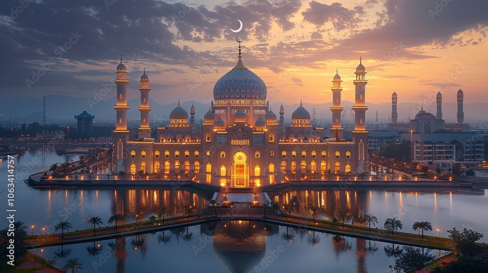 Fototapeta premium Beautiful mosque in Ramadan Kareem or Eid Al Fitr vibes. Islamic mosque architecture building