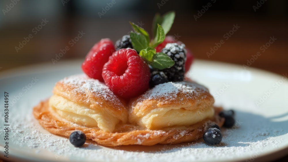 A pastry topped with berries and powdered sugar A pastry topped with berries and powdered sugar