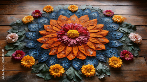 Traditional Flower Rangoli Design with Bright Petals and Leaves for Diwali Decoration photo