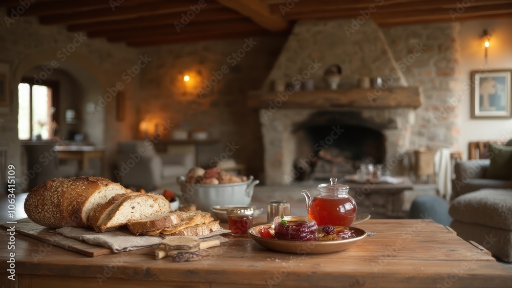 Obraz premium There is bread on a table next to the fireplace