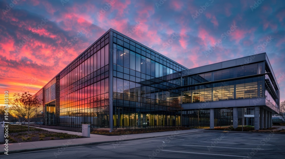 A sleek industrial building at dusk, with glass and metal elements reflecting the vibrant hues of a sunset A sleek industrial building at dusk, with glass and metal elements reflecting the vibrant hues of a sunset