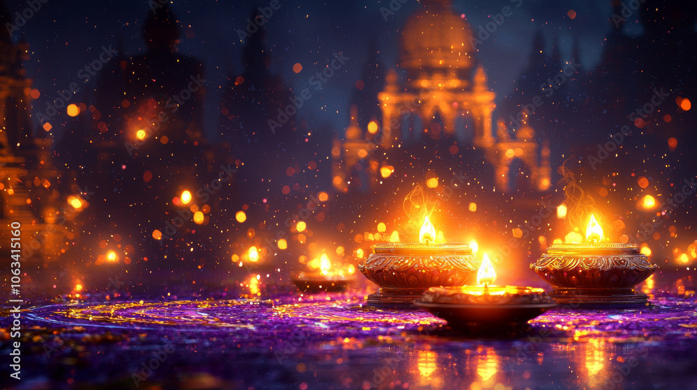 Fototapeta premium Glowing oil lamps in foreground, with a backdrop of temples illuminated at night, celebrating Diwali festival
