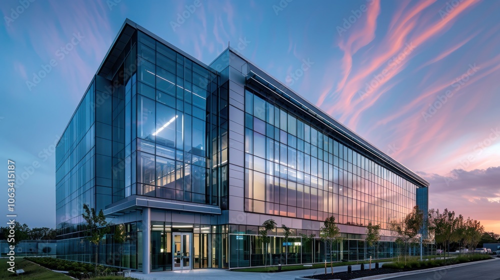 A sleek industrial building at dusk, with glass and metal elements reflecting the vibrant hues of a sunset A sleek industrial building at dusk, with glass and metal elements reflecting the vibrant hues of a sunset