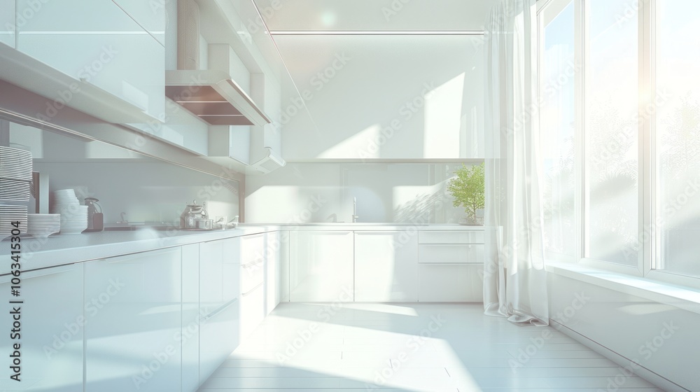 A sleek white modern kitchen with minimalist decor and sunlight streaming through the window. A sleek white modern kitchen with minimalist decor and sunlight streaming through the window.