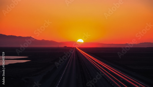 Blurred rays of light from cars passing along the highway at dawn. View from above. Scenery.