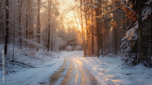 A snowy road in a dense winter forest surrounded by trees, bathed in a warm sunset glow