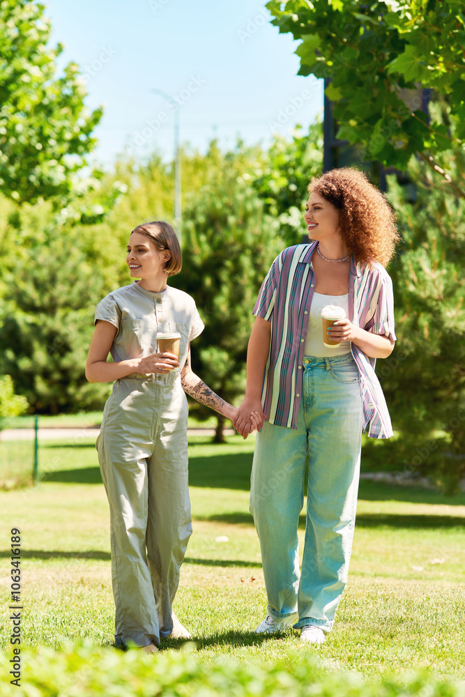 Two friends stroll through a vibrant park, sharing laughter and drinks under the sun. Two friends stroll through a vibrant park, sharing laughter and drinks under the sun.