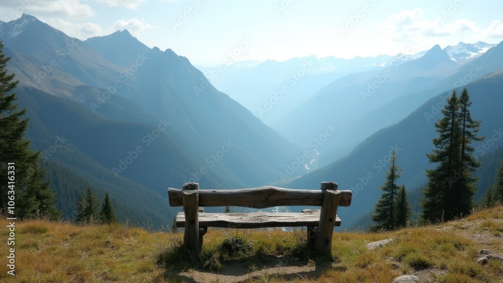 A wooden bench sits in the grass overlooking the mountains A wooden bench sits in the grass overlooking the mountains