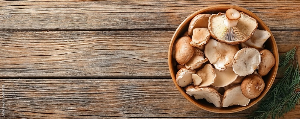 A bowl of assorted mushrooms on a wooden table. A bowl of assorted mushrooms on a wooden table.