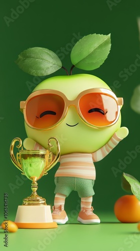 
cute chibbi 3d blender apple character wearing gangster meme sunglasses holding a champion trophy  photo