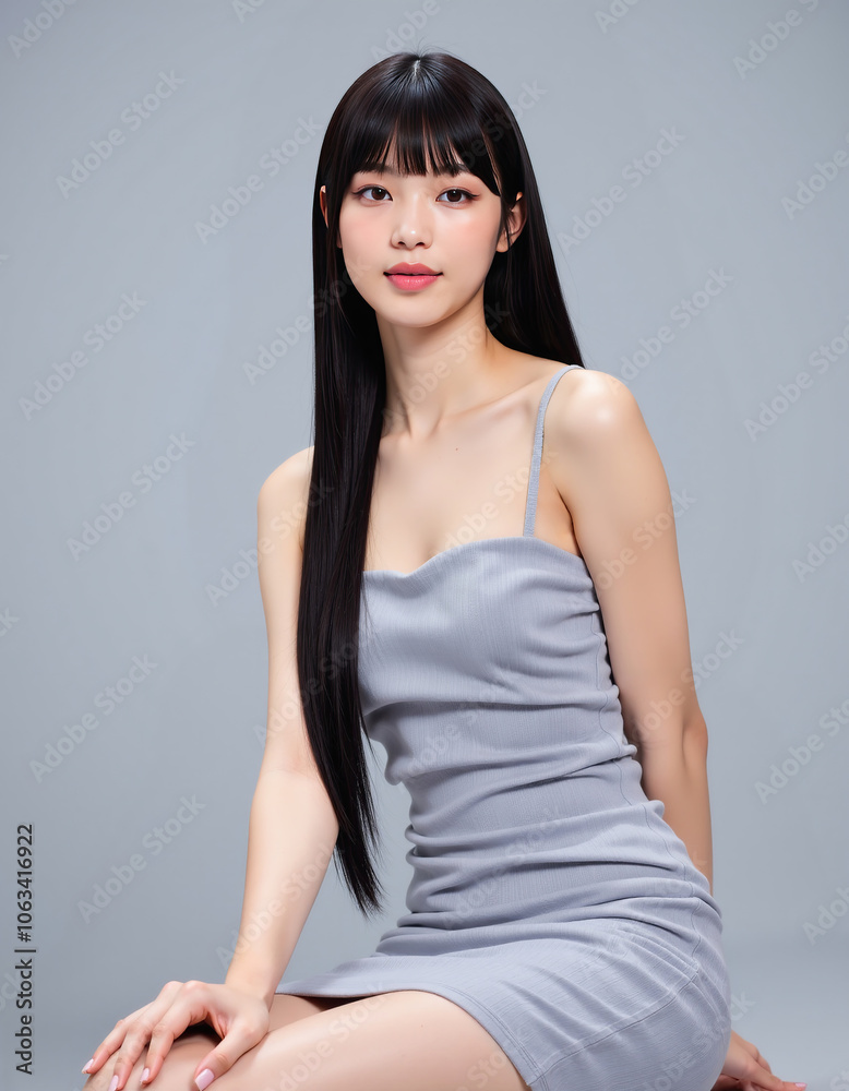 Asian Woman in Gray Spaghetti Strap Dress Against Gray Background Asian Woman in Gray Spaghetti Strap Dress Against Gray Background