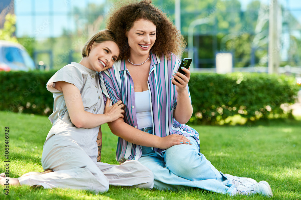 Two friends relax on the grass, engaging in joyful conversation and sharing their favorite moments. Two friends relax on the grass, engaging in joyful conversation and sharing their favorite moments.