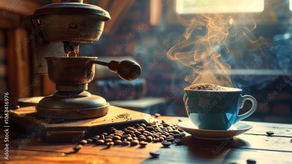 A steaming cup of coffee sits next to a vintage coffee grinder and spilled beans, capturing the essence of a perfect morning routine.