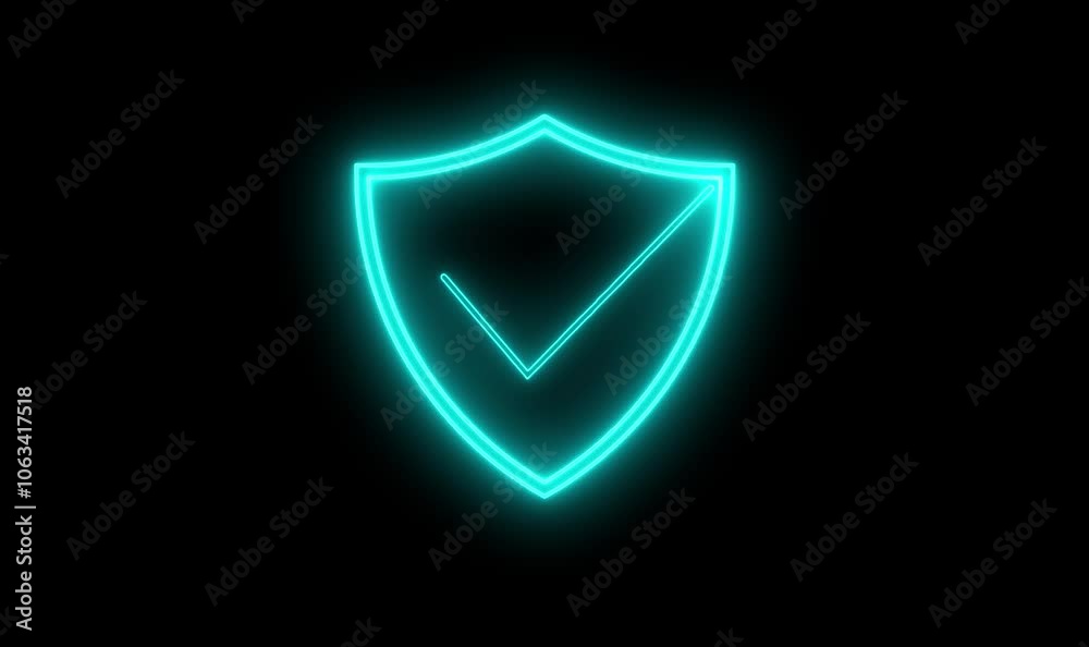 Neon shield tick mark icon with black color background.