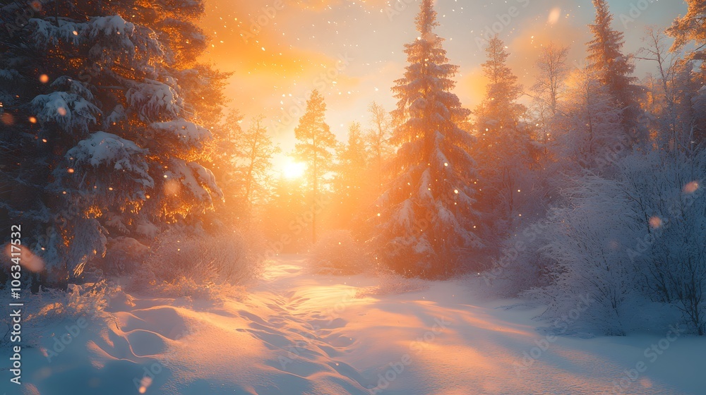 Ethereal winter wonderland with deep snow drifts and snow-covered pine trees, featuring falling snowflakes and golden sunlight breaking through misty forest background.