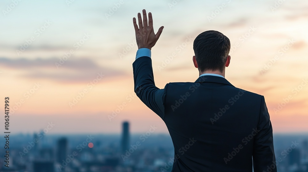Fototapeta premium A man in a suit waves goodbye against a sunset backdrop, overlooking a city skyline, symbolizing farewell and new beginnings.