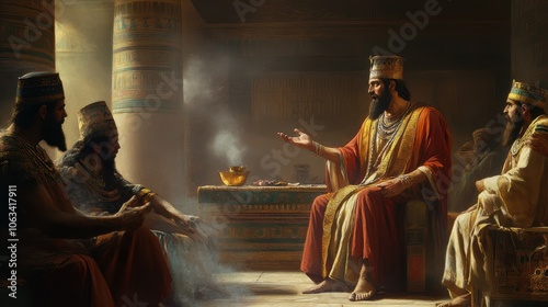 image of Joseph interpreting Pharaohâ€™s dreams of famine and abundance, showing his wisdom and Godâ€™s guidance, photo