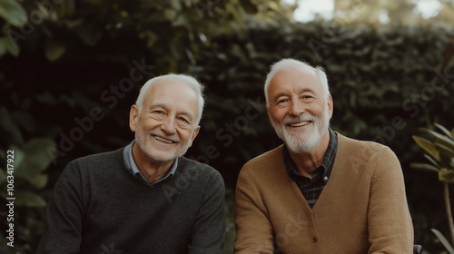 Two smiling older men sit together in a lush garden, enjoying their time outdoors during a sunny afternoon.