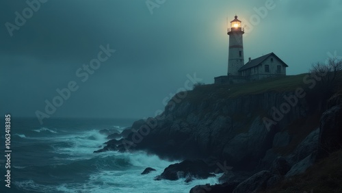 A lighthouse sits on the edge of the ocean