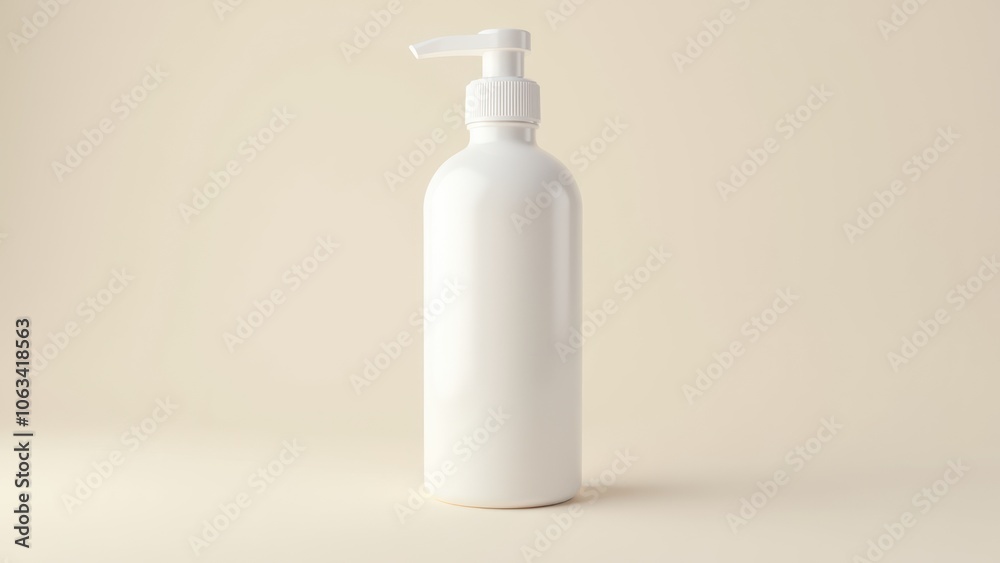 A white bottle of liquid soap on beige background A white bottle of liquid soap on beige background