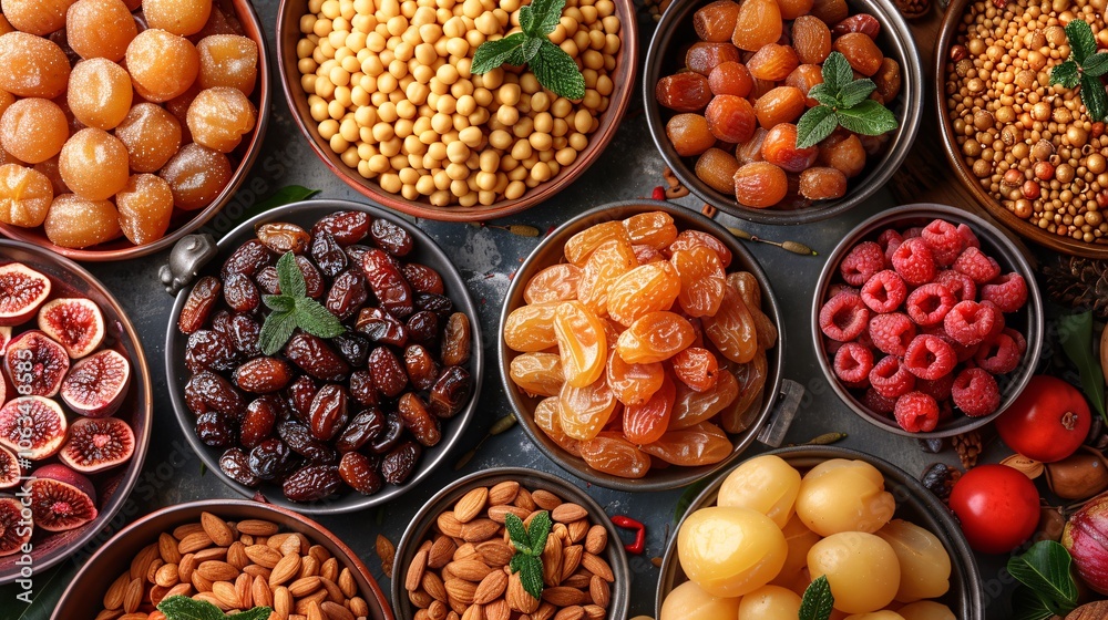 Dishes dates dried fruits and fresh almond. Dishes dates dried fruits and fresh almond.