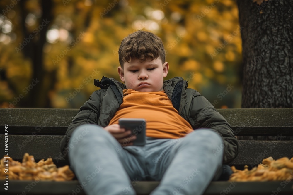 A child experiencing obesity while being engrossed in a gadget, highlighting the connection between sedentary lifestyle and unhealthy habits A child experiencing obesity while being engrossed in a gadget, highlighting the connection between sedentary lifestyle and unhealthy habits