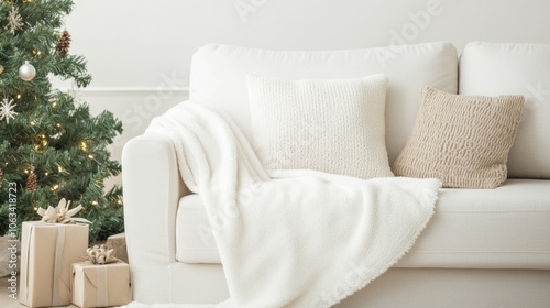 blanket mock up over a beige couch. ai generated