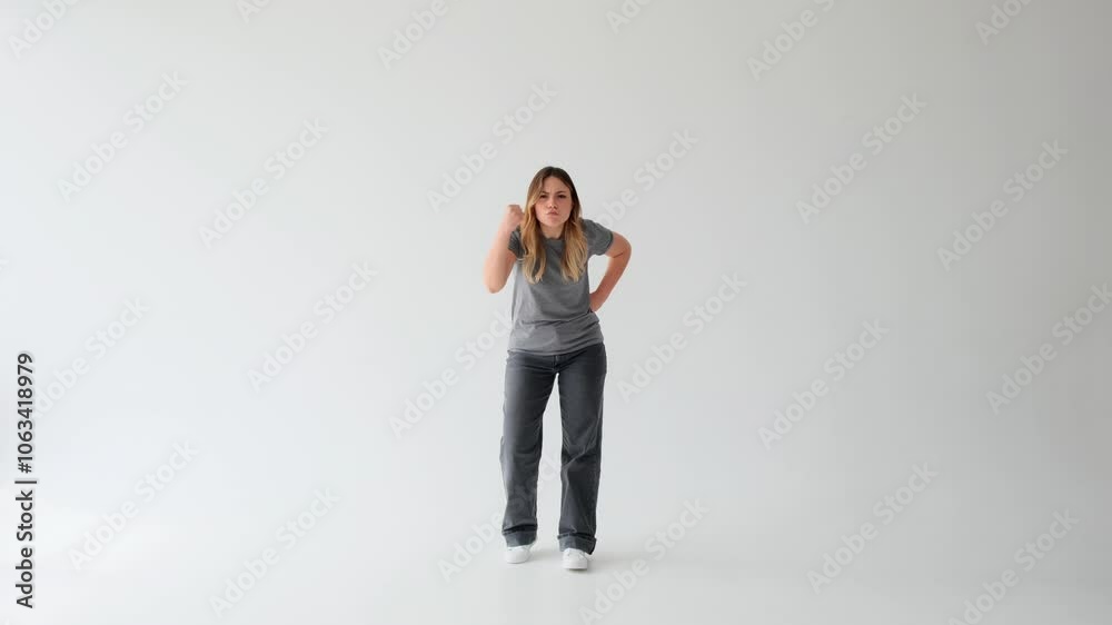 Anger and serious Caucasian young adult woman threatening with fist on white background. Concept of a warning, danger, violence message. Anger and serious Caucasian young adult woman threatening with fist on white background. Concept of a warning, danger, violence message.