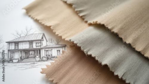 A drawing of a house and some fabrics