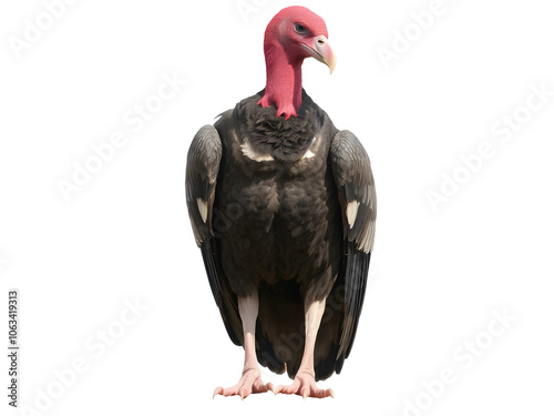A large vulture with a striking red head and powerful wings stands tall and proud photo