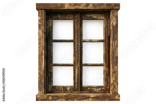 A window with six panes of glass and a wooden frame isolated on transparent or white background, png