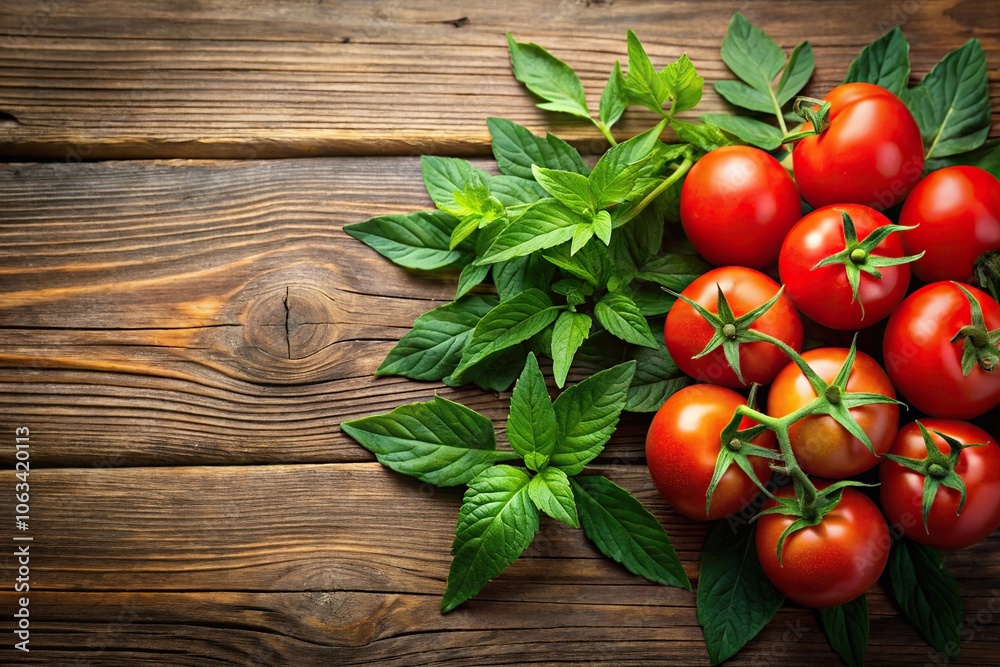 Fresh tomatoes and leaves of a healthy tomato plant arranged on a rustic wooden table, produce display, homegrown, edible flowers Fresh tomatoes and leaves of a healthy tomato plant arranged on a rustic wooden table, produce display, homegrown, edible flowers