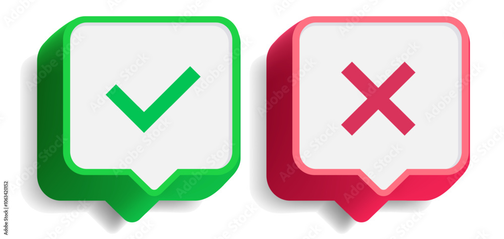 Check mark and cross button set 3d style. Acceptance, rejection and attention symbol vector 10 eps Check mark and cross button set 3d style. Acceptance, rejection and attention symbol vector 10 eps