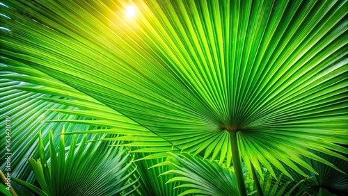 fresh tropical background of deep green palm tree leaves from a low angle view