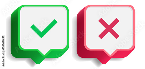 Check mark and cross button set 3d style. Acceptance, rejection and attention symbol vector 10 eps