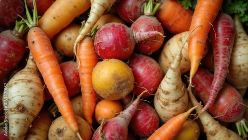 A pile of carrots and radishes