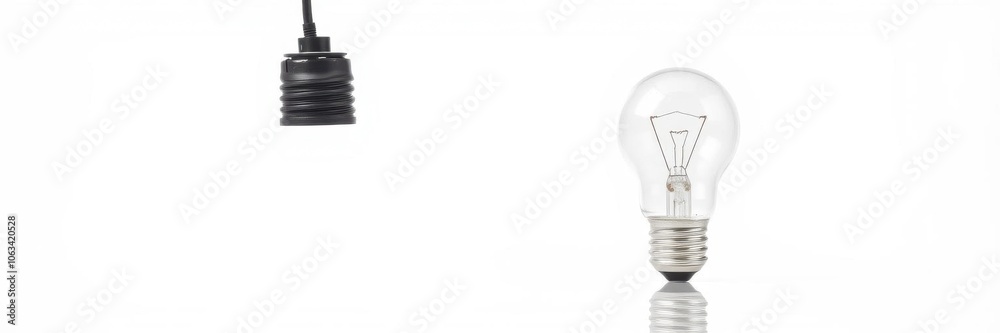 Normal and energy saving lightbulbs side by side on a reflective surface, isolated on white background, comparison, technology Normal and energy saving lightbulbs side by side on a reflective surface, isolated on white background, comparison, technology