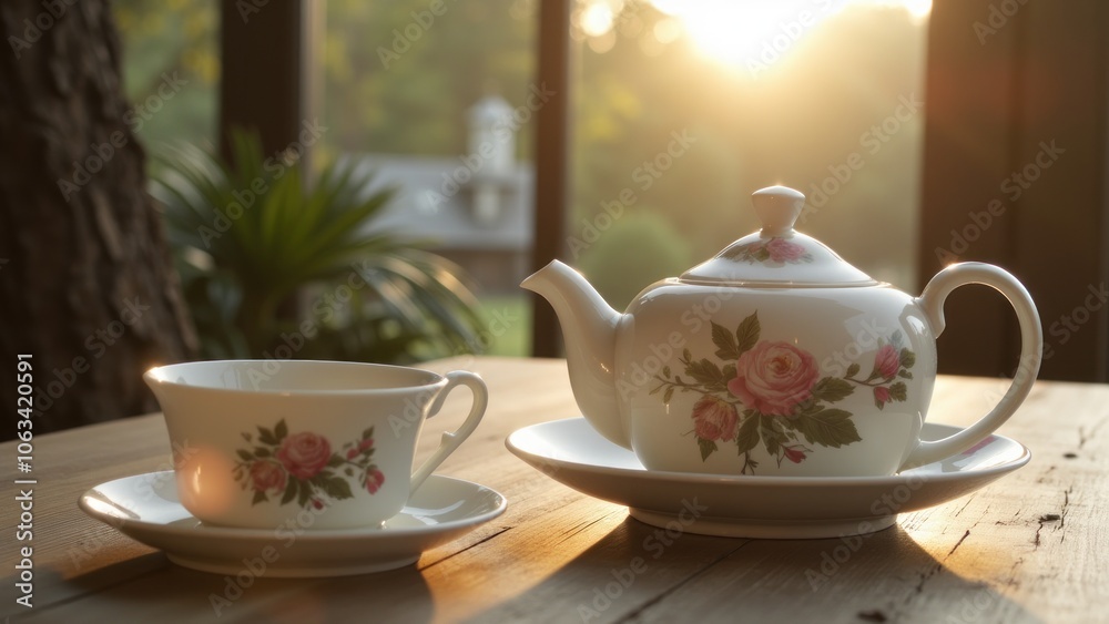 A teapot and cup are sitting on the table in front of the sun A teapot and cup are sitting on the table in front of the sun