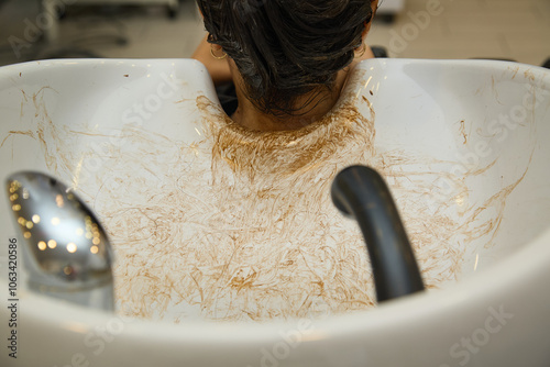 Rome, Italy - 10 31 2024 Dedicated station for washing hair with residual hair colorant in a women's beauty salon 