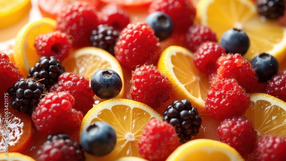 A close up of berries, oranges, and lemons A close up of berries, oranges, and lemons