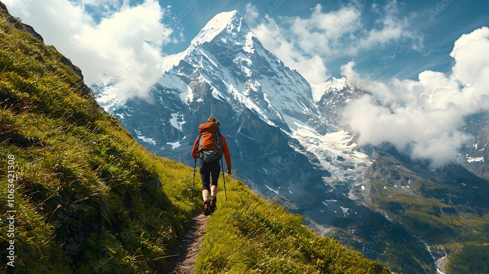 Hiker Ascending a Steep Trail with Snowy Mountain Backdrop Symbolizing Endurance and Perseverance Hiker Ascending a Steep Trail with Snowy Mountain Backdrop Symbolizing Endurance and Perseverance