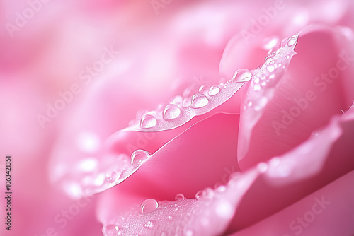 Gentle rose petals shimmer with dew, embodying nature's romance and delicate beauty in a serene moment of tranquility