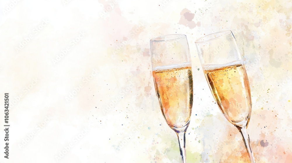 Dreamy watercolor New Year's Eve toast with softly painted champagne glasses in delicate layers for holiday cards. Christmas, New Year's Eve Dreamy watercolor New Year's Eve toast with softly painted champagne glasses in delicate layers for holiday cards. Christmas, New Year's Eve