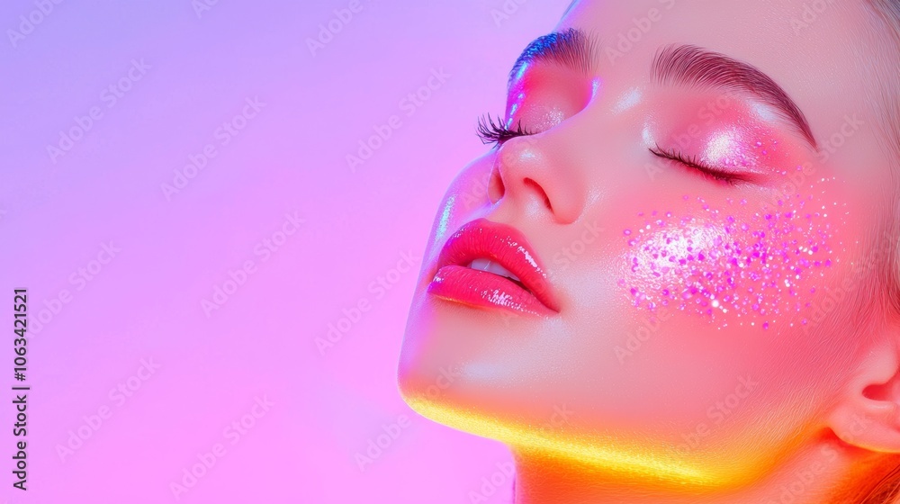 A close-up of a woman with glowing skin, adorned with colorful glitter and a vibrant background, exuding beauty and confidence. A close-up of a woman with glowing skin, adorned with colorful glitter and a vibrant background, exuding beauty and confidence.