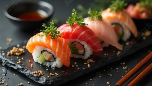 Sushi on a plate with chopsticks