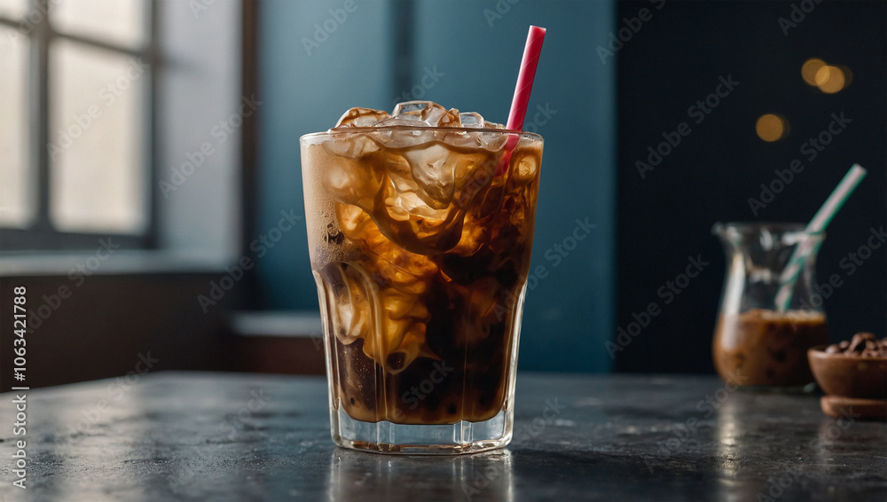Iced coffee with milk swirling through, served in a tall glass with ice cubes and a straw, with condensation on the glass. Iced coffee with milk swirling through, served in a tall glass with ice cubes and a straw, with condensation on the glass.
